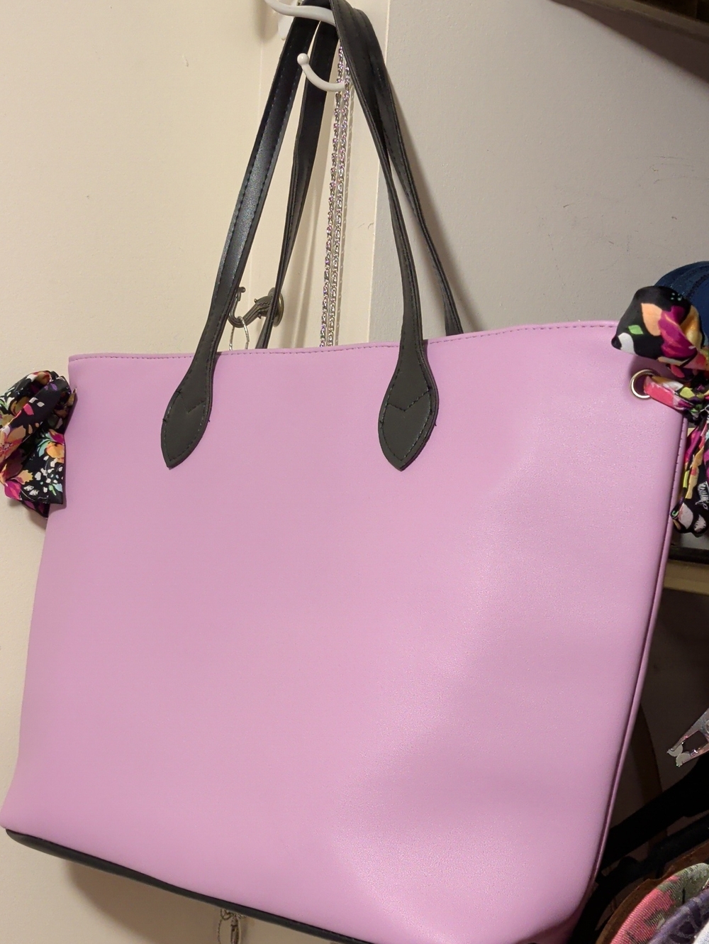 VIOLET lilac Colour Tote with Black Handles and Floral Scarf Accents. New